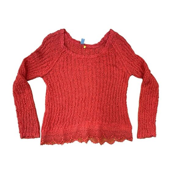 Anthropologie Knitted & Knotted Coral Open Knit Lace Hem Sweater Size Large - Picture 10 of 12